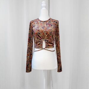 Velvet gold paisley long sleeve crop top